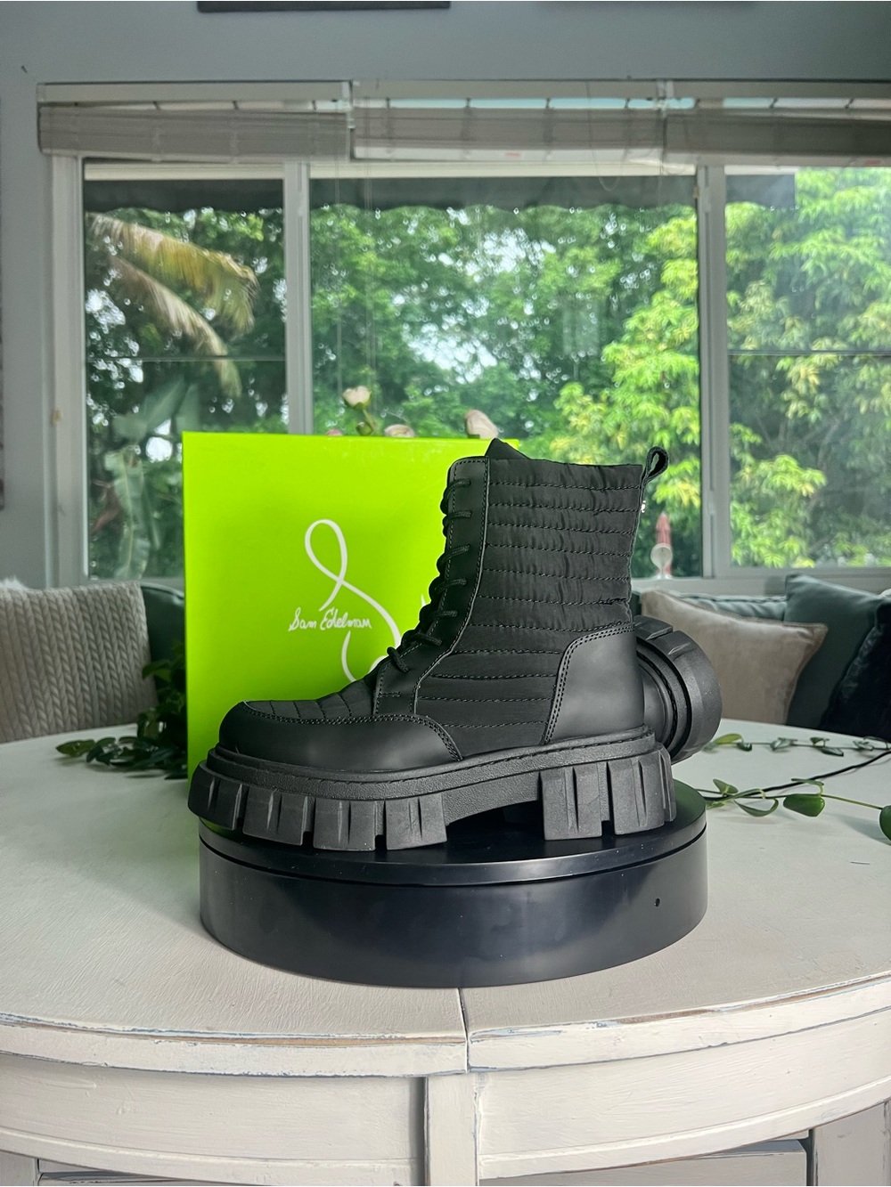 Sam Edelman Black Quilted Lace-Up Platform Combat Boots